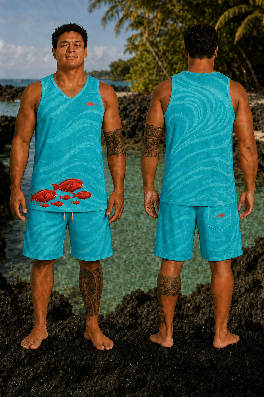 PA‘ATI – ensemble turquoise porté, face et dos